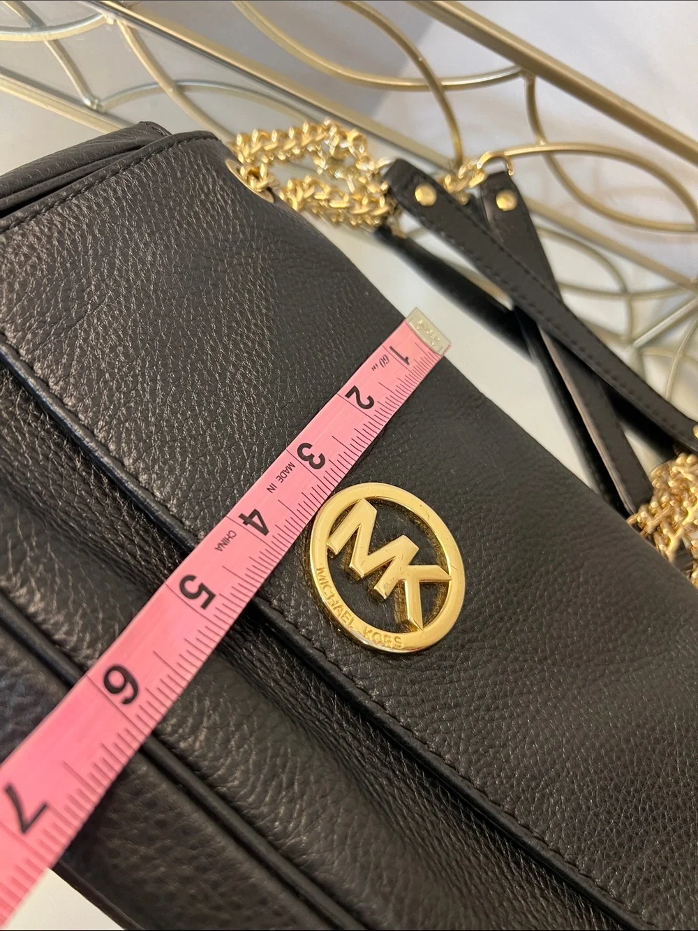 Michael Kors Fulton Flap Black Pebbled Leather Shoulder Bag with Gold Chain